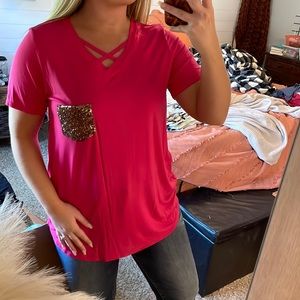 Hot pink & gold pocket tee